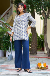 Blue Elephant Motif Cotton Cambric Kurta
