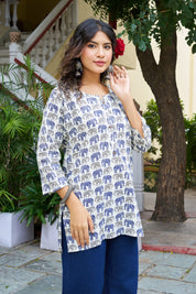 Blue Elephant Motif Cotton Cambric Kurta