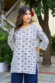Blue Elephant Motif Cotton Cambric Kurta