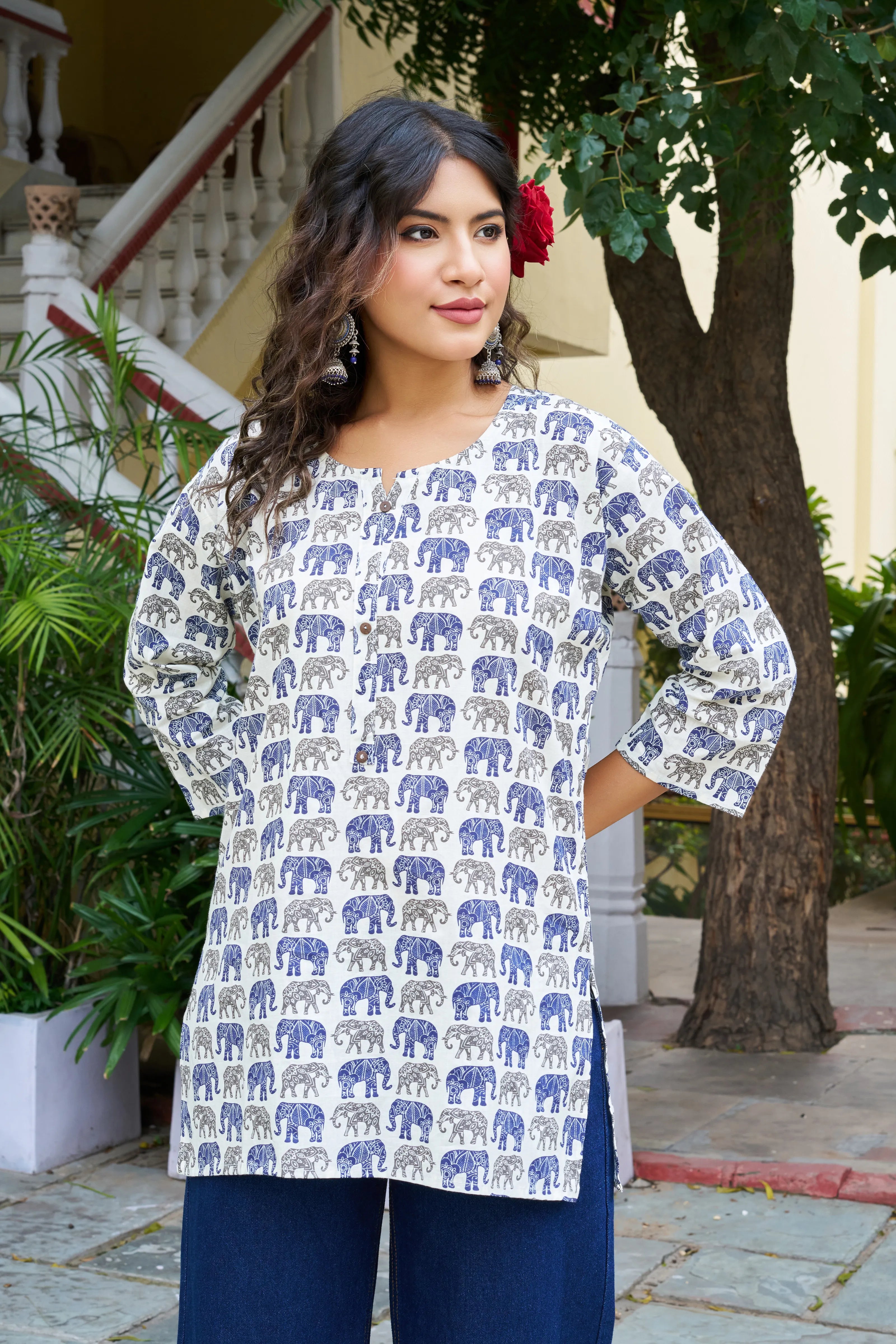 Blue Elephant Motif Cotton Cambric Kurta