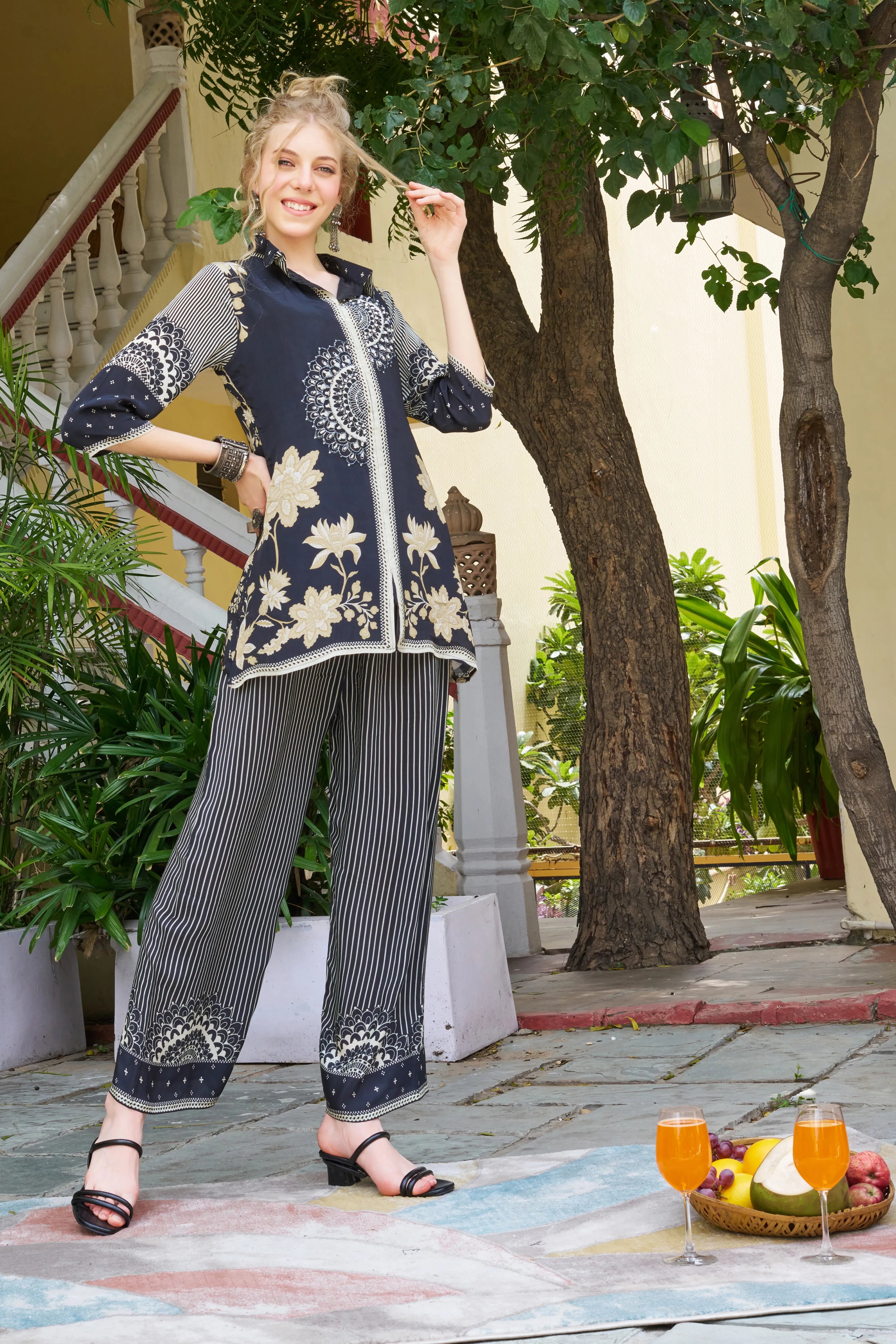 Black Base Mandala Stripes Crepe Co-ord Set