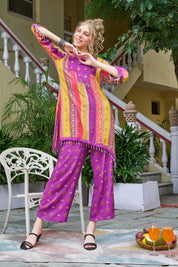 Purple Base Ethnic Motif Vertical Stripes Ethnic Muslin Kurta Set