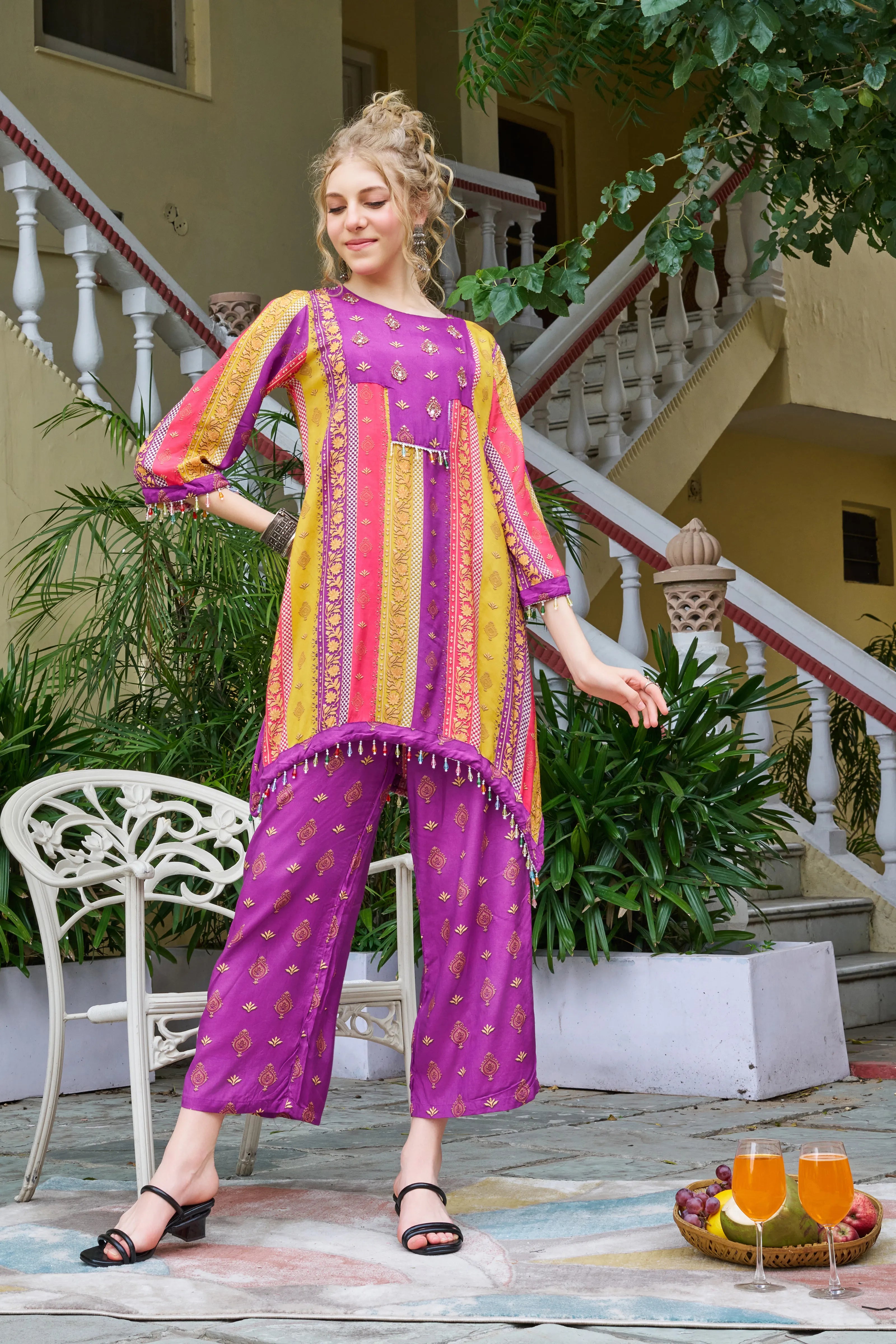 Purple Base Ethnic Motif Vertical Stripes Ethnic Muslin Kurta Set