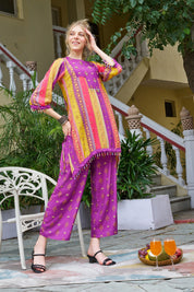 Purple Base Ethnic Motif Vertical Stripes Ethnic Muslin Kurta Set