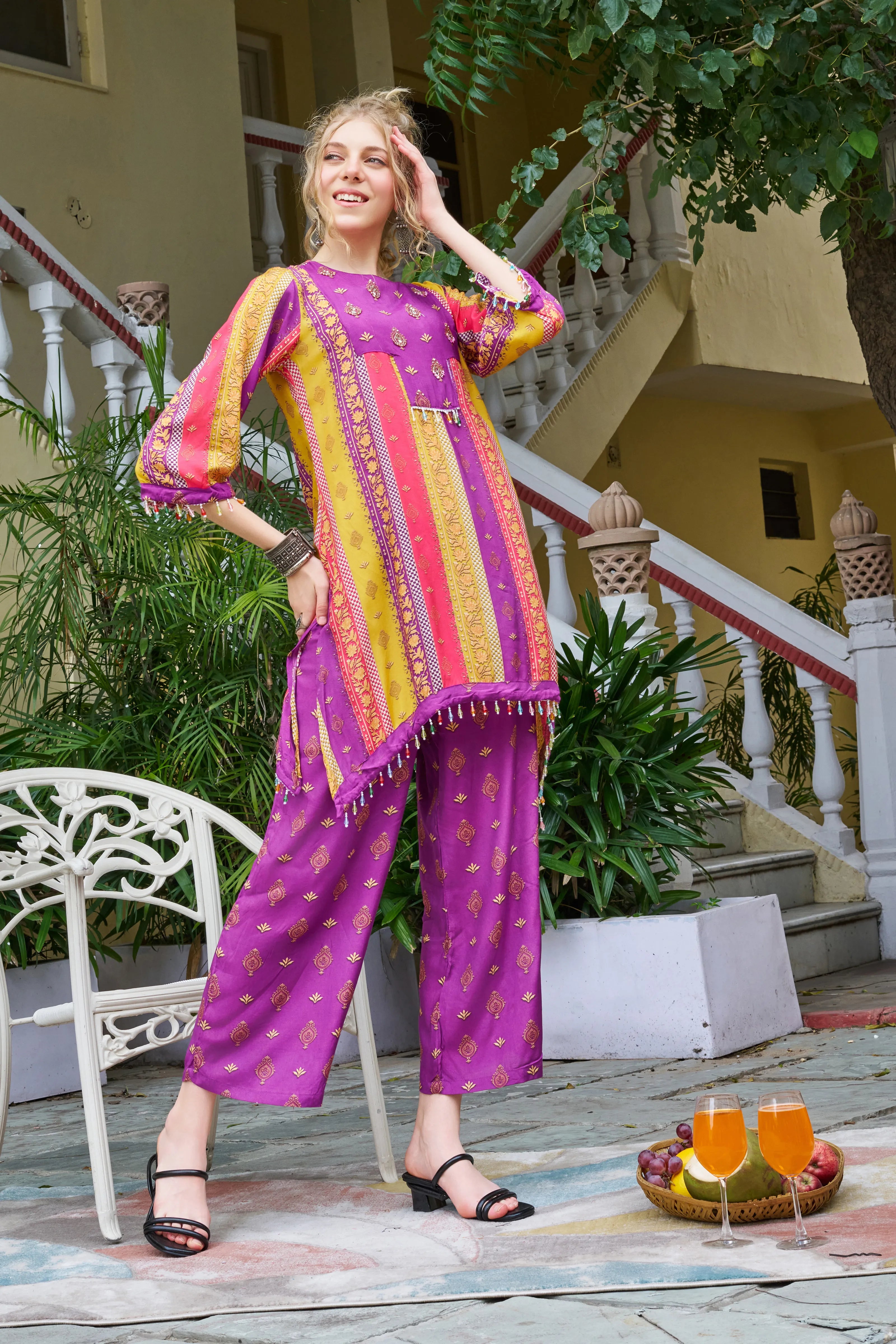 Purple Base Ethnic Motif Vertical Stripes Ethnic Muslin Kurta Set