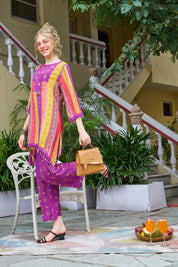 Purple Base Ethnic Motif Vertical Stripes Ethnic Muslin Kurta Set