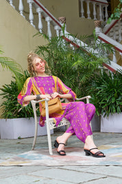 Purple Base Ethnic Motif Vertical Stripes Ethnic Muslin Kurta Set