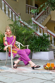 Purple Base Ethnic Motif Vertical Stripes Ethnic Muslin Kurta Set