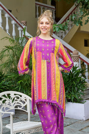 Purple Base Ethnic Motif Vertical Stripes Ethnic Muslin Kurta Set
