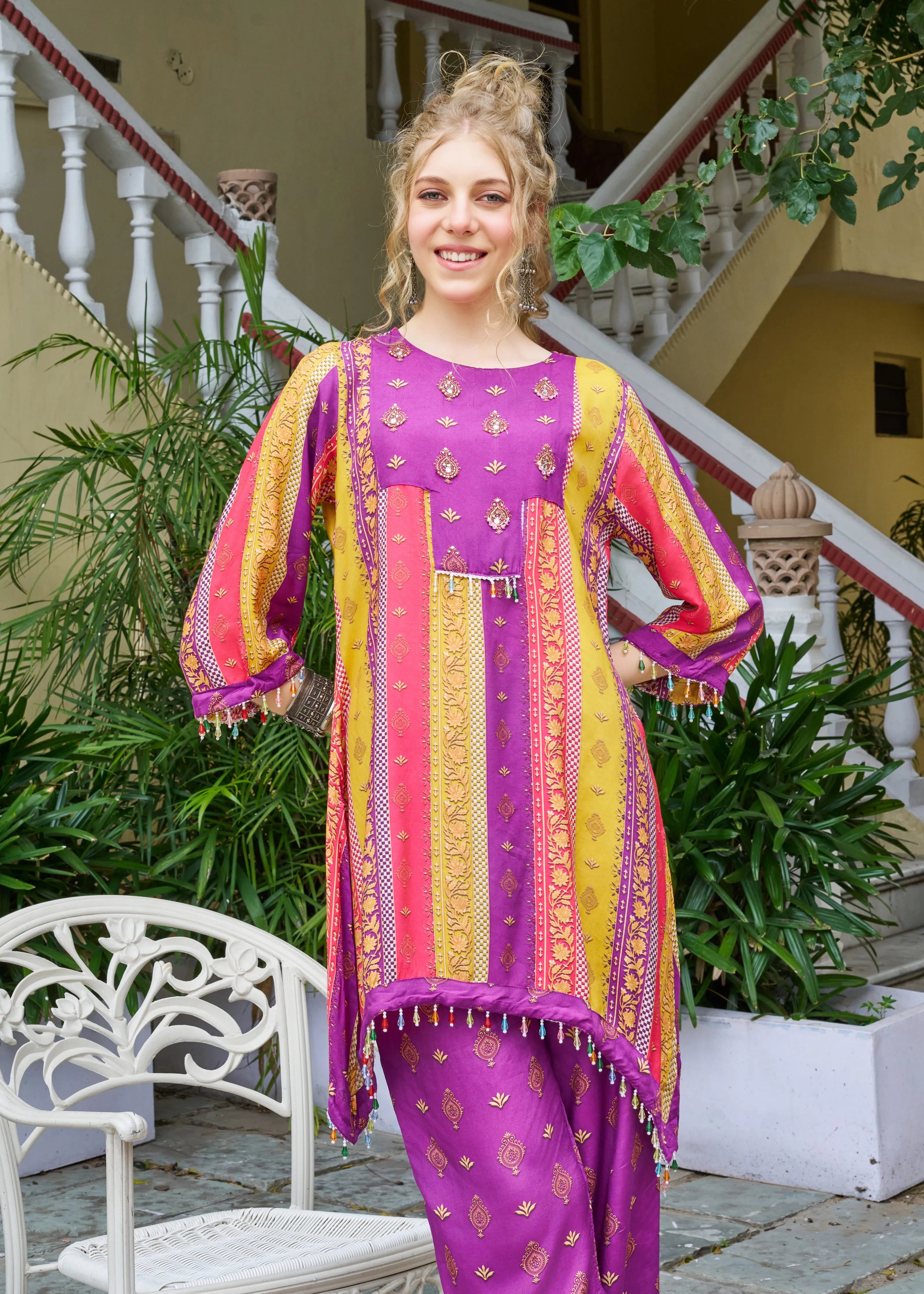 Purple Base Ethnic Motif Vertical Stripes Ethnic Muslin Kurta Set