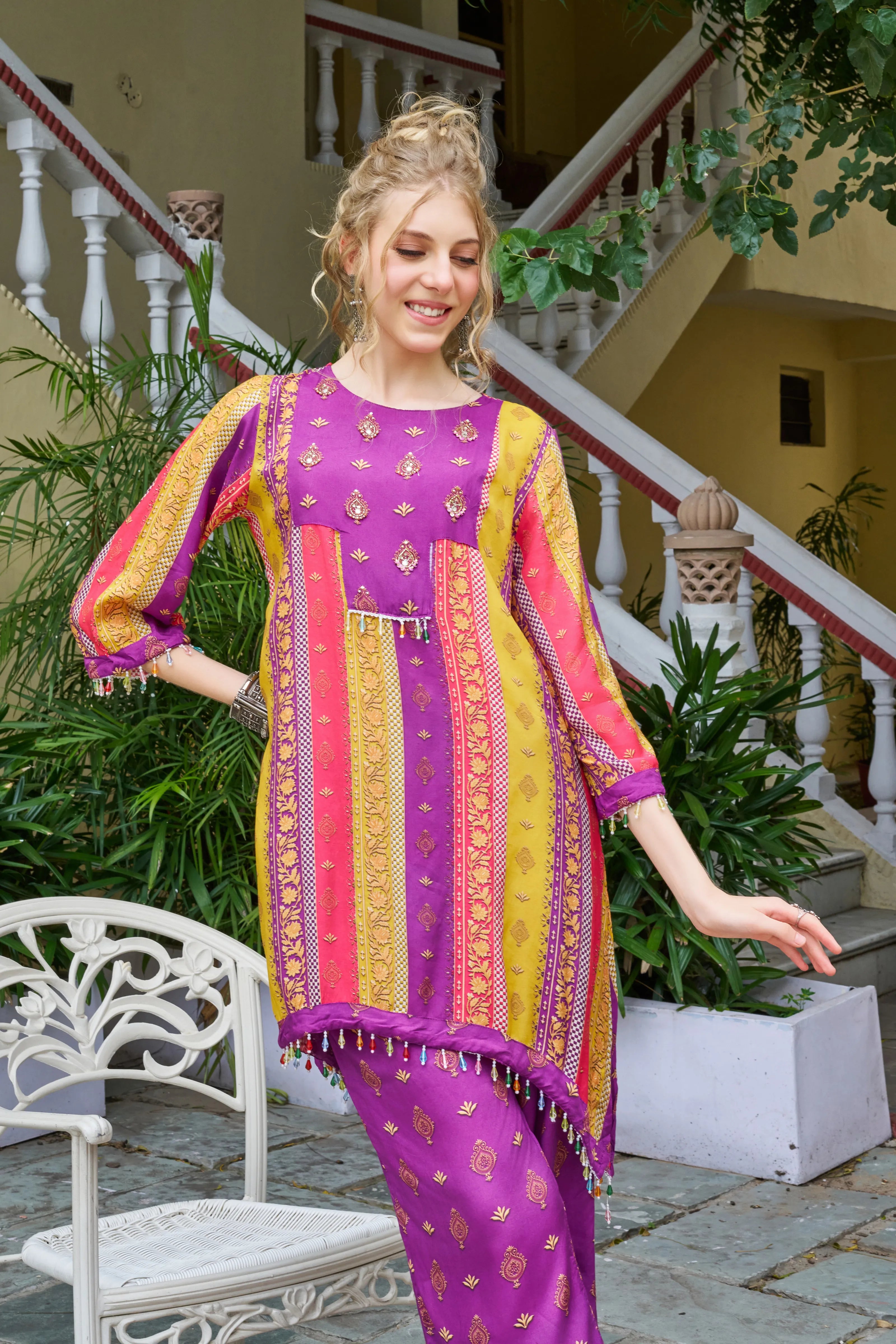 Purple Base Ethnic Motif Vertical Stripes Ethnic Muslin Kurta Set