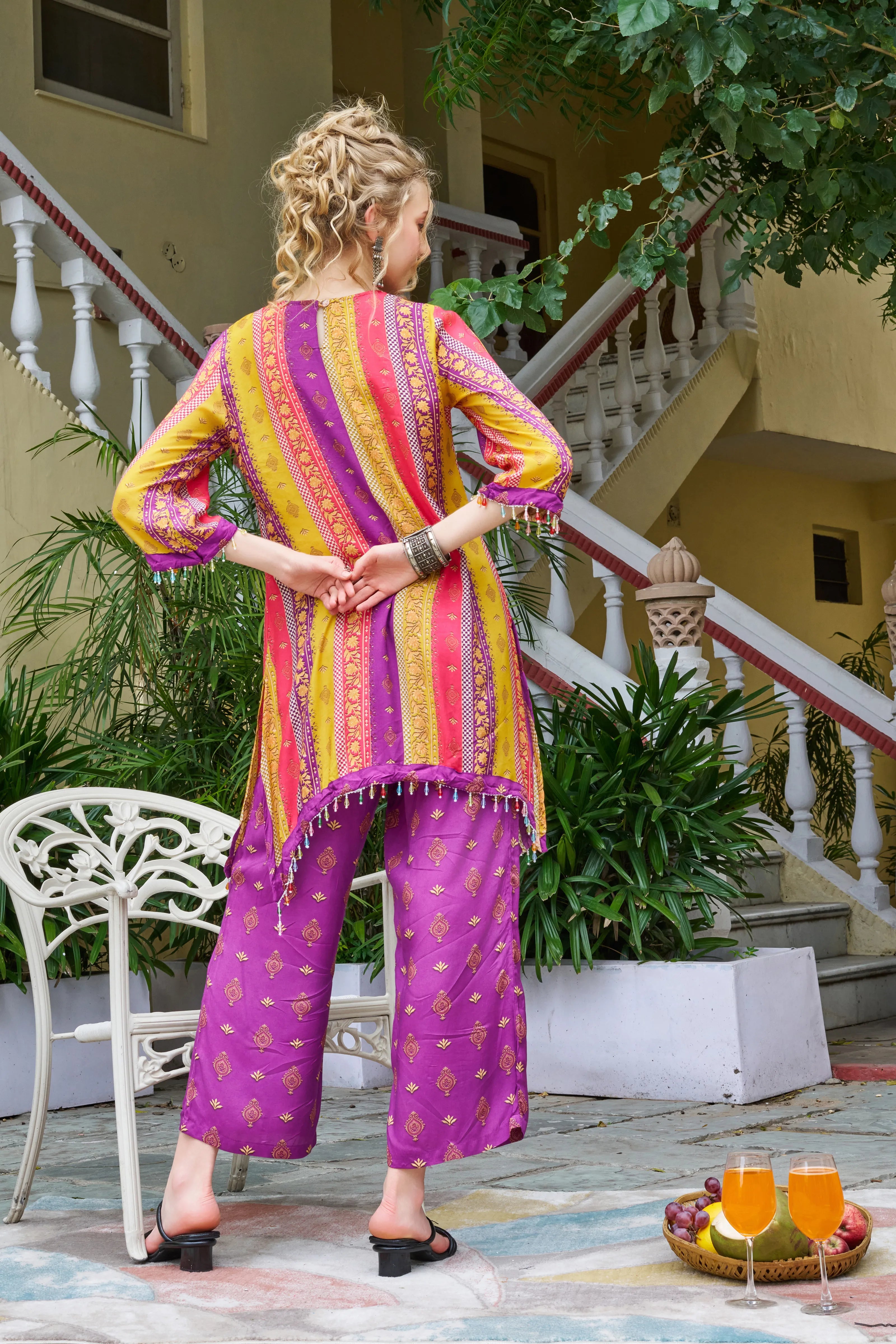 Purple Base Ethnic Motif Vertical Stripes Ethnic Muslin Kurta Set