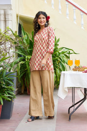 Beige Base Rust Print Floral V-Neck Cotton Kurta