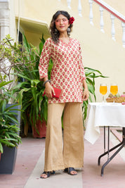 Beige Base Rust Print Floral V-Neck Cotton Kurta