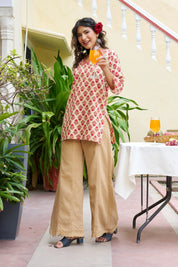 Beige Base Rust Print Floral V-Neck Cotton Kurta