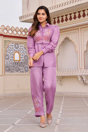 Violet Embroidered 3-Piece Set in Dola Silk