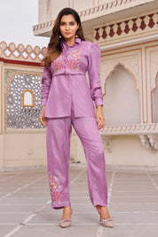 Violet Embroidered 3-Piece Set in Dola Silk