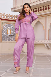 Violet Embroidered 3-Piece Set in Dola Silk