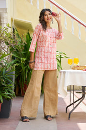 Pink Floral Block Printed Cotton Cambric Kurta