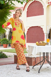 Yellow Floral & Diamond Motifs Muslin Ethnic Kurta Set