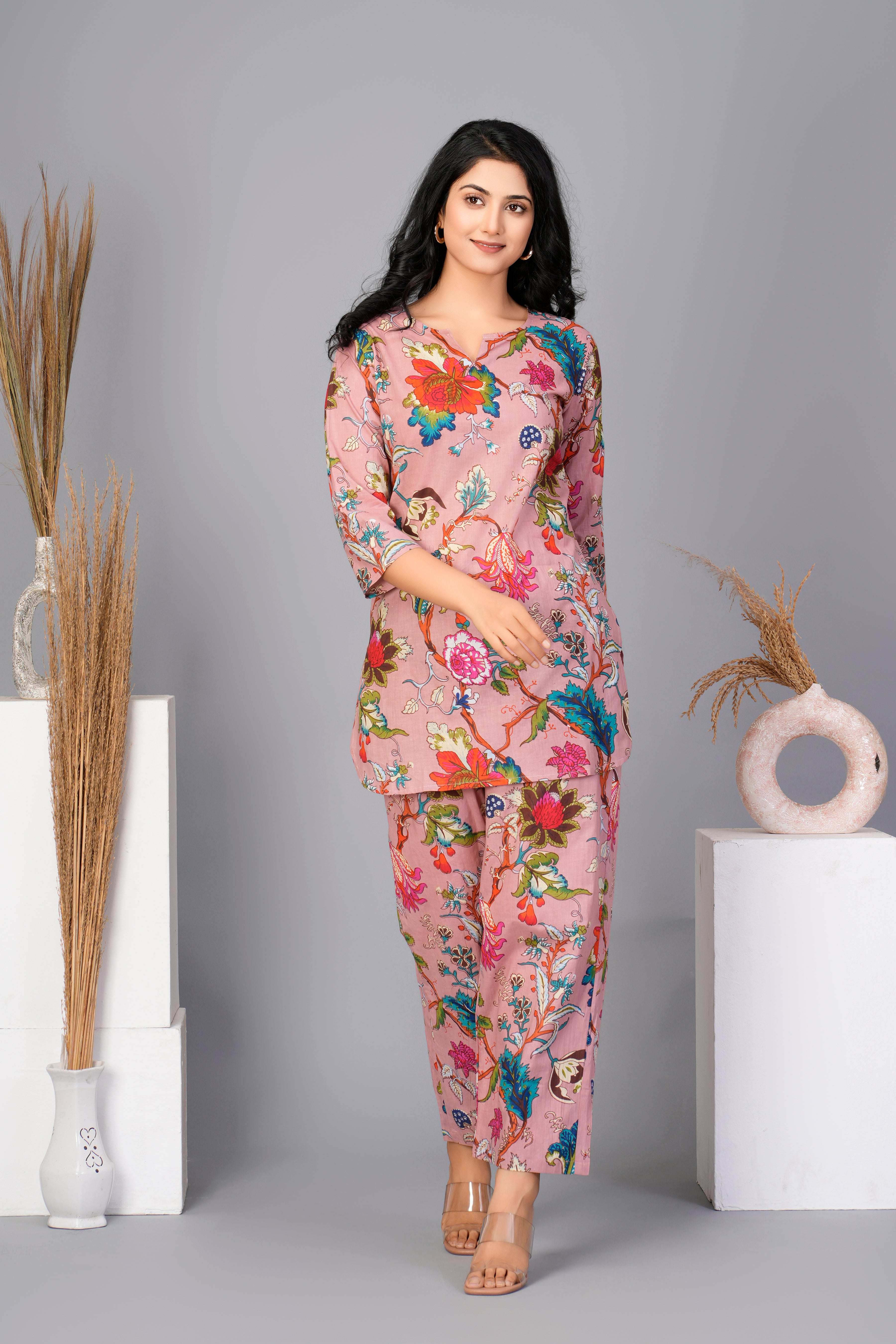 Baby Pink Cotton Floral Printed Kurta With Pant