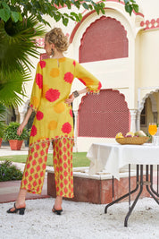 Yellow Floral & Diamond Motifs Muslin Ethnic Kurta Set