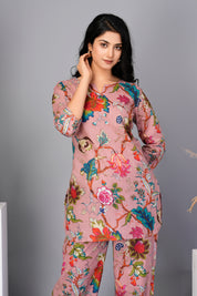 Baby Pink Cotton Floral Printed Kurta With Pant