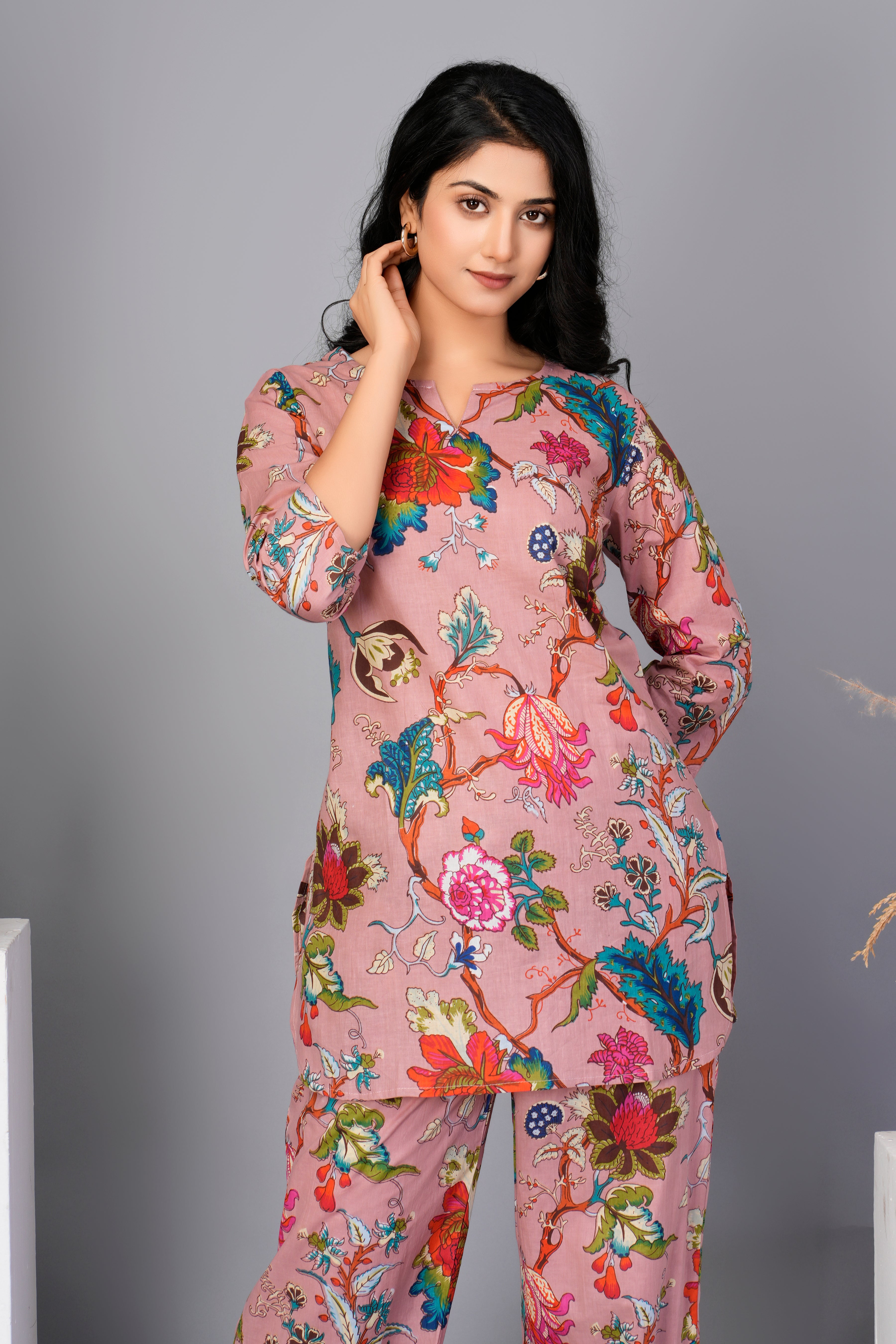 Baby Pink Cotton Floral Printed Kurta With Pant