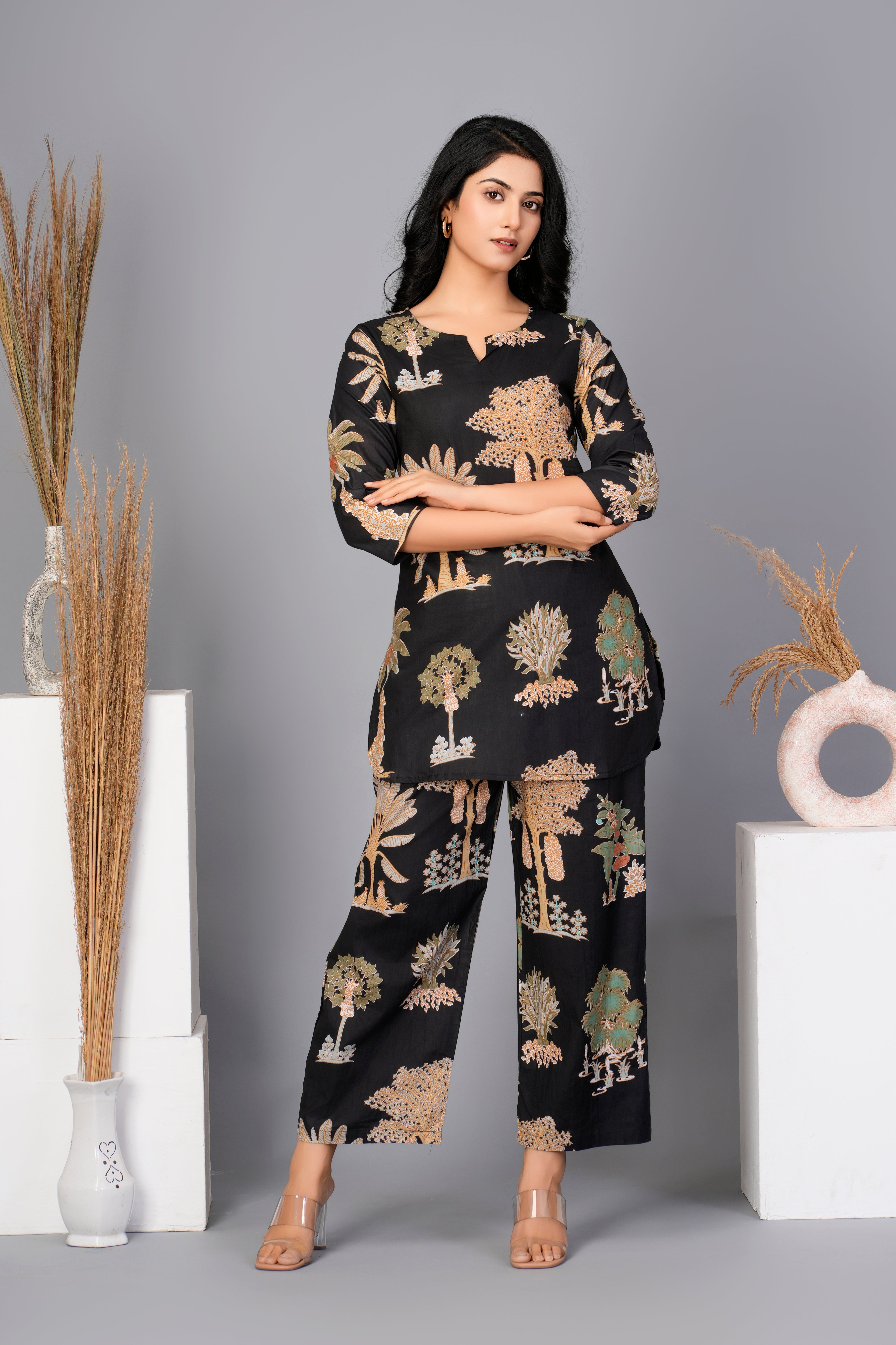 Black Abstract Printed Cotton Kurta With Pant