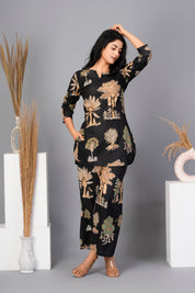 Black Abstract Printed Cotton Kurta With Pant