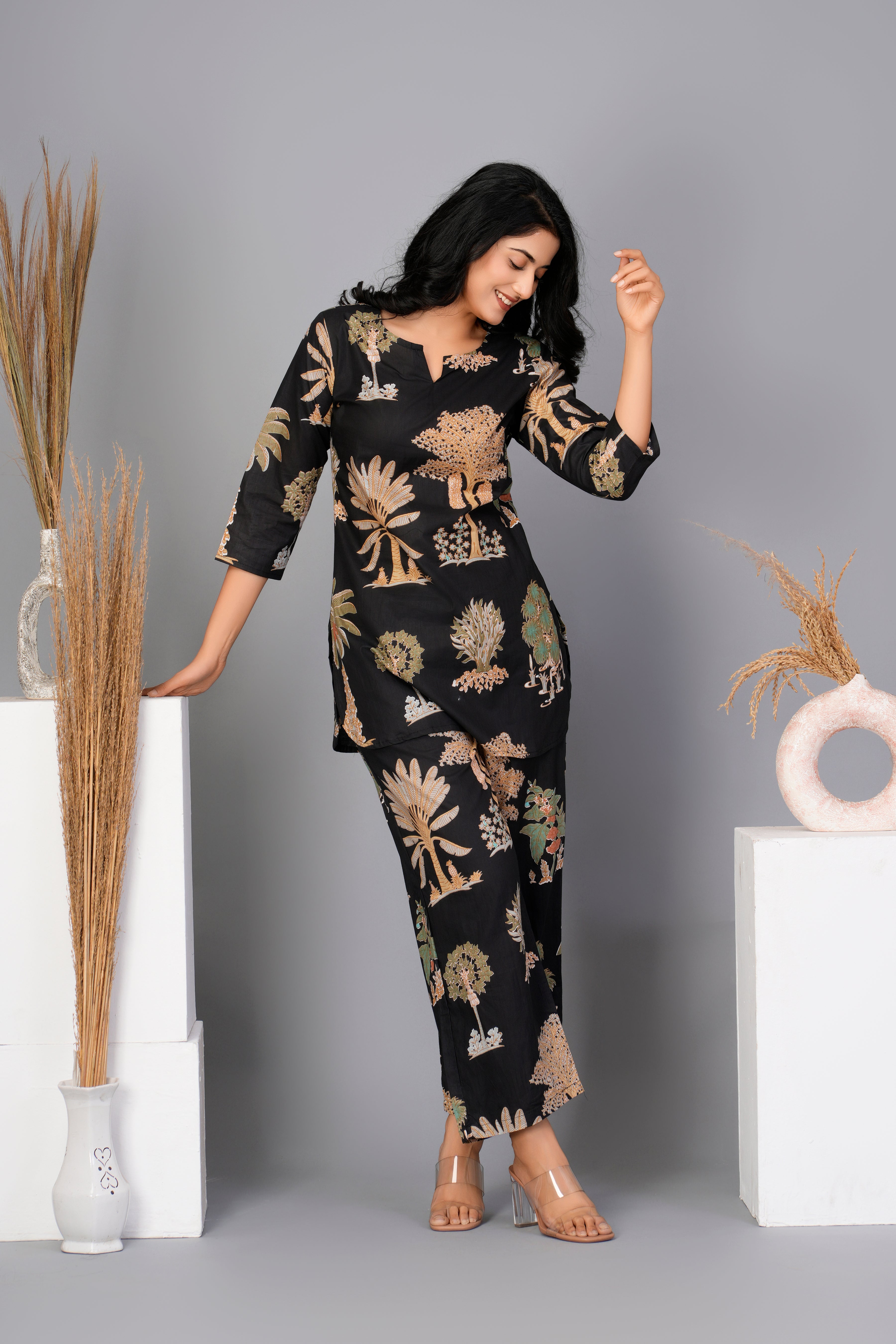 Black Abstract Printed Cotton Kurta With Pant