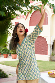 Blue & Green Floral V-Neck Cotton Cambric Kurta