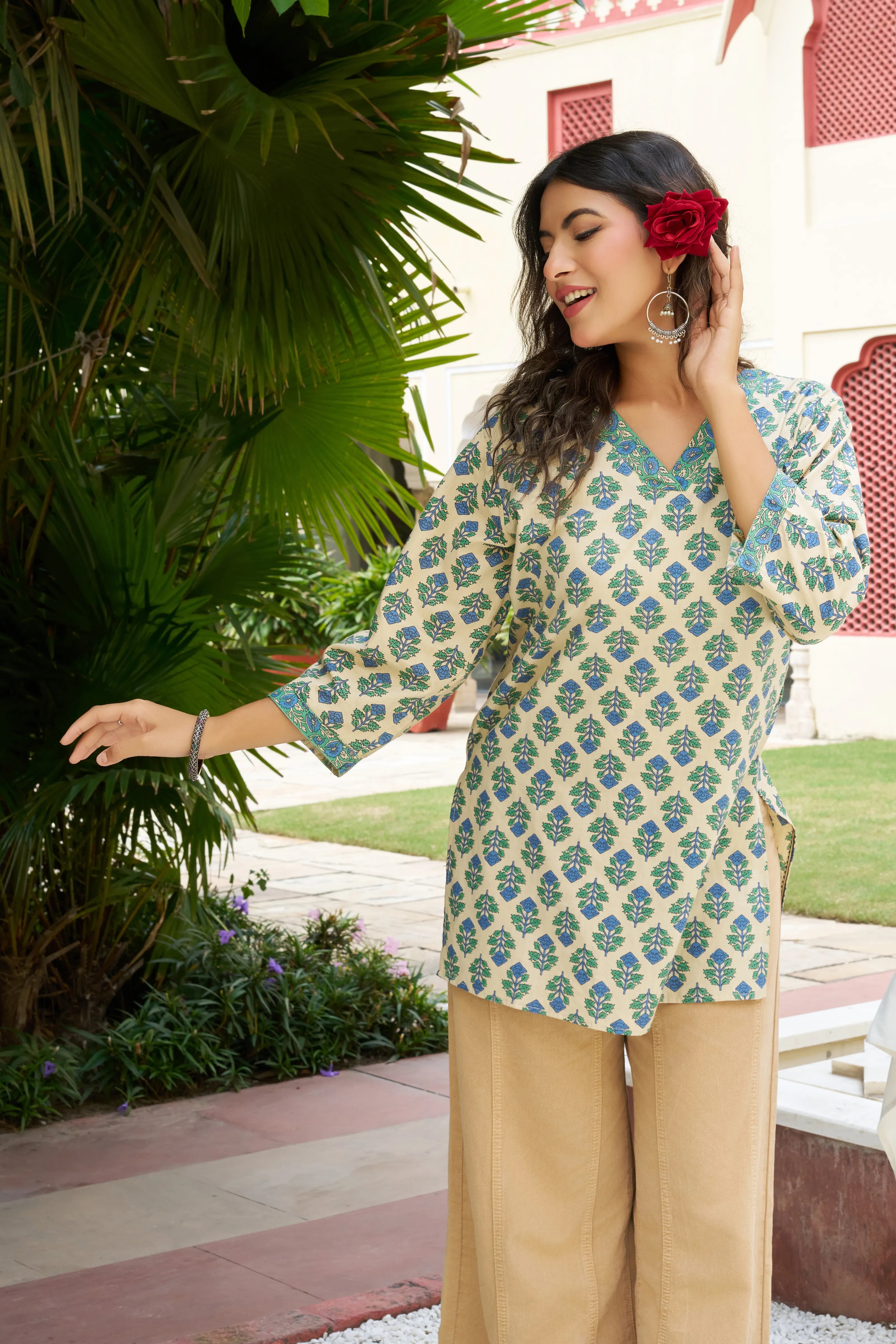 Blue & Green Floral V-Neck Cotton Cambric Kurta