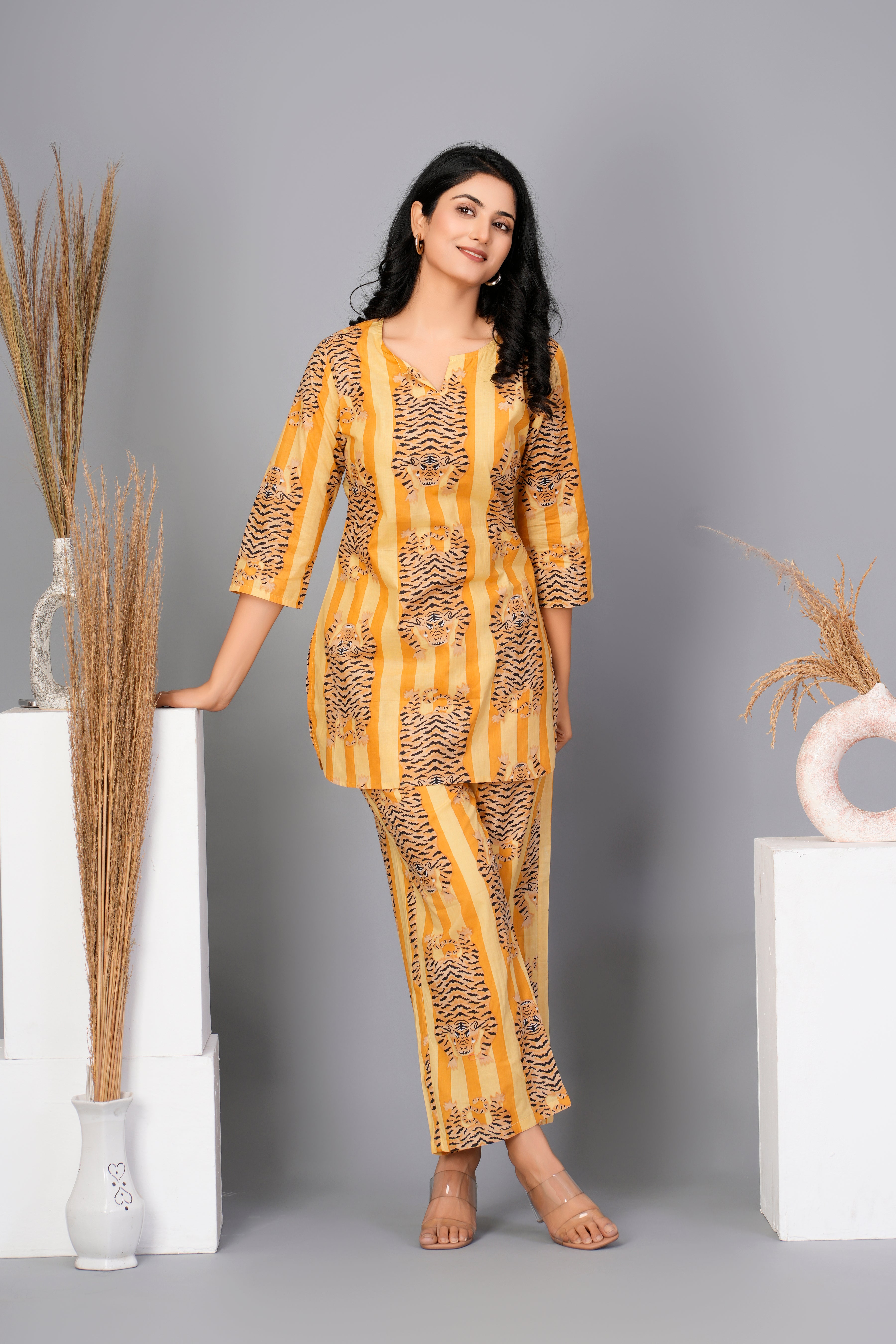 Yellow Tiger  Printed Cotton Kurta With Pant