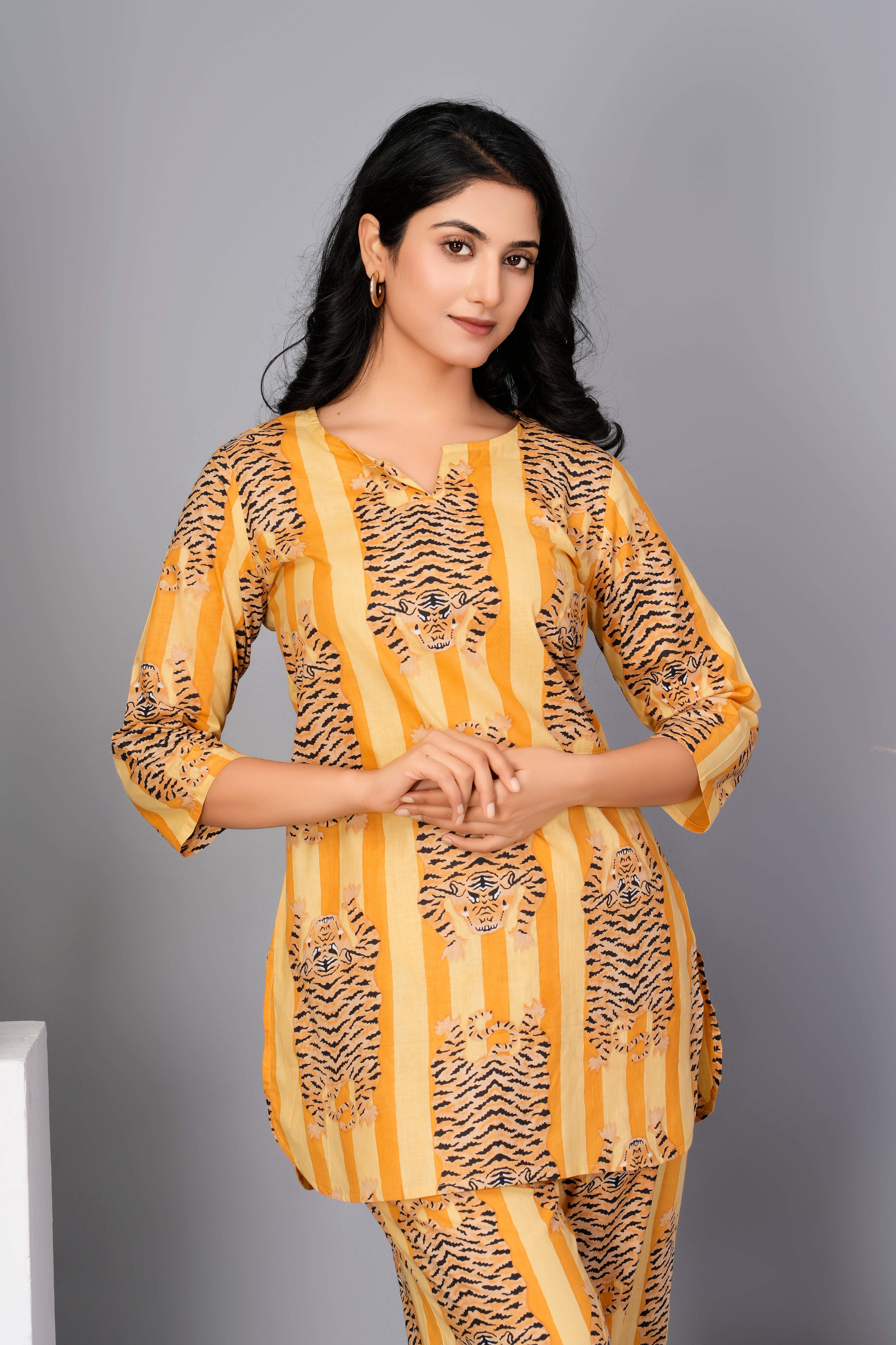 Yellow Tiger  Printed Cotton Kurta With Pant