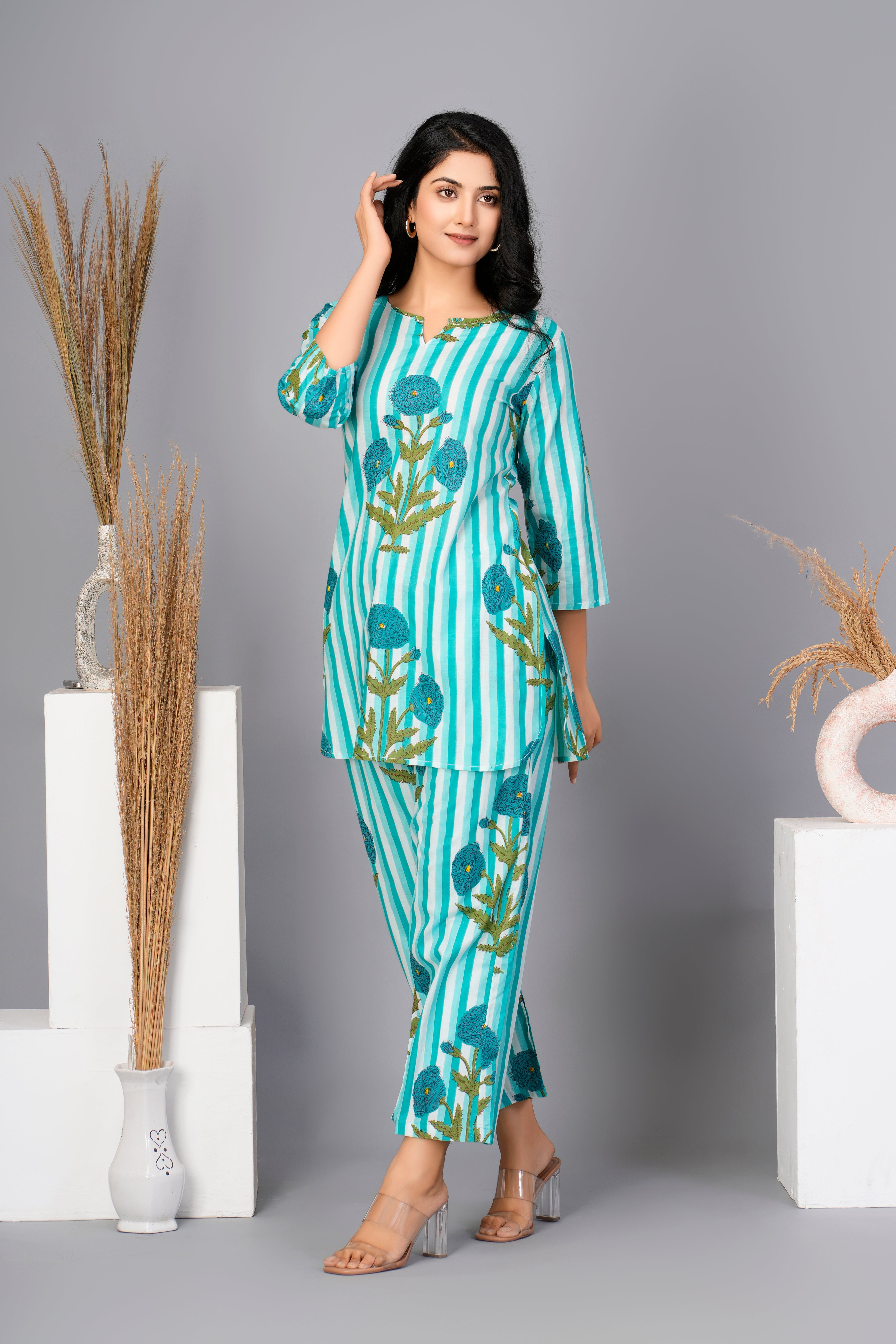 Sky Blue Botanical Printed Cotton Kurta With Pant