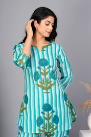 Sky Blue Botanical Printed Cotton Kurta With Pant