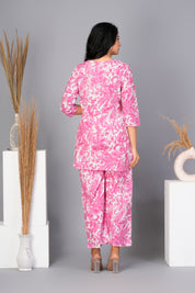 Pink Floral Printed Cotton Kurta With Pant