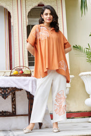 Orange Ginkgo Leaf Embroidered Co-ord Set in Cotton Slub