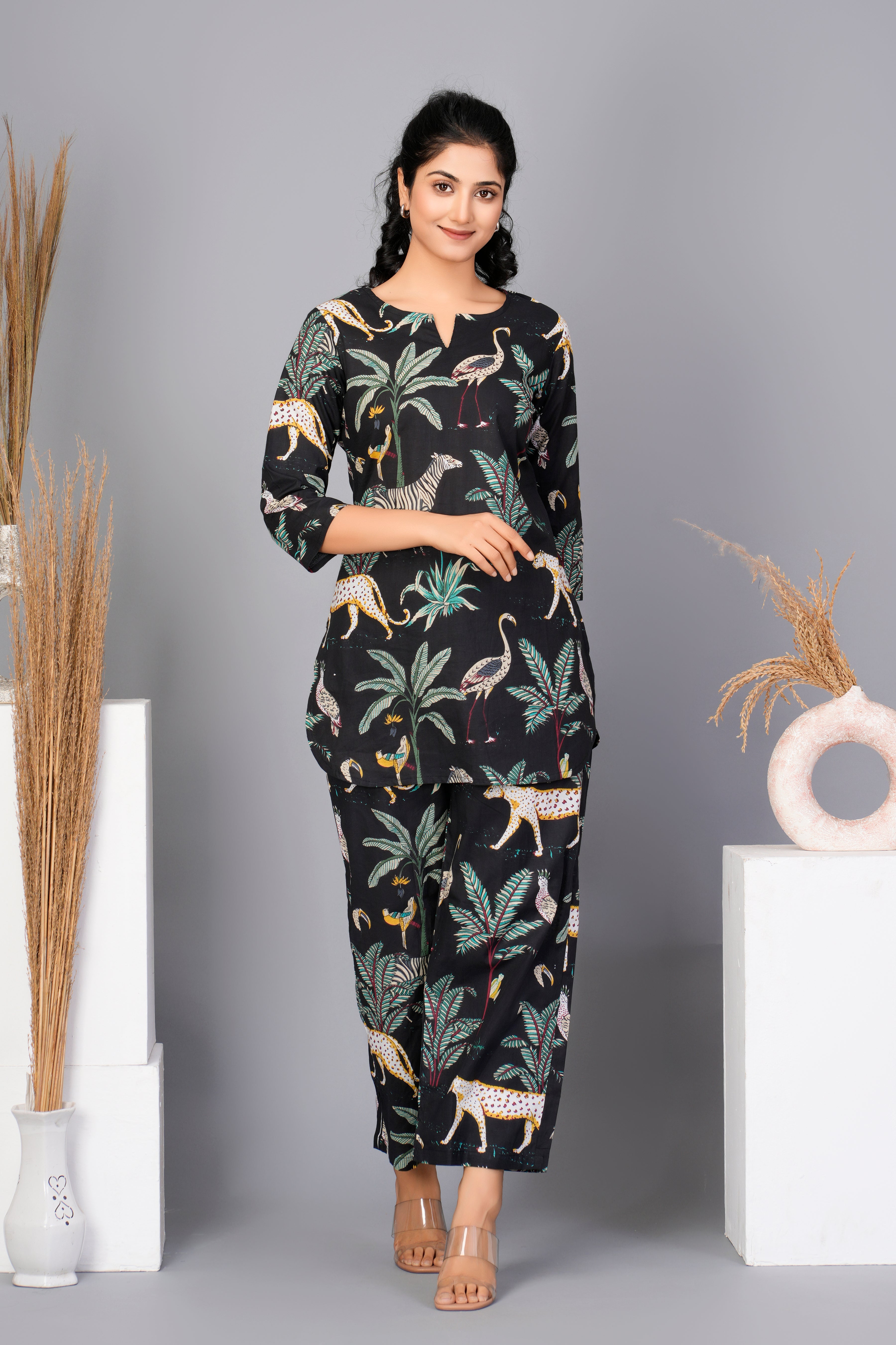 Black Floral Printed Cotton Kurta With Pant