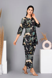 Black Floral Printed Cotton Kurta With Pant