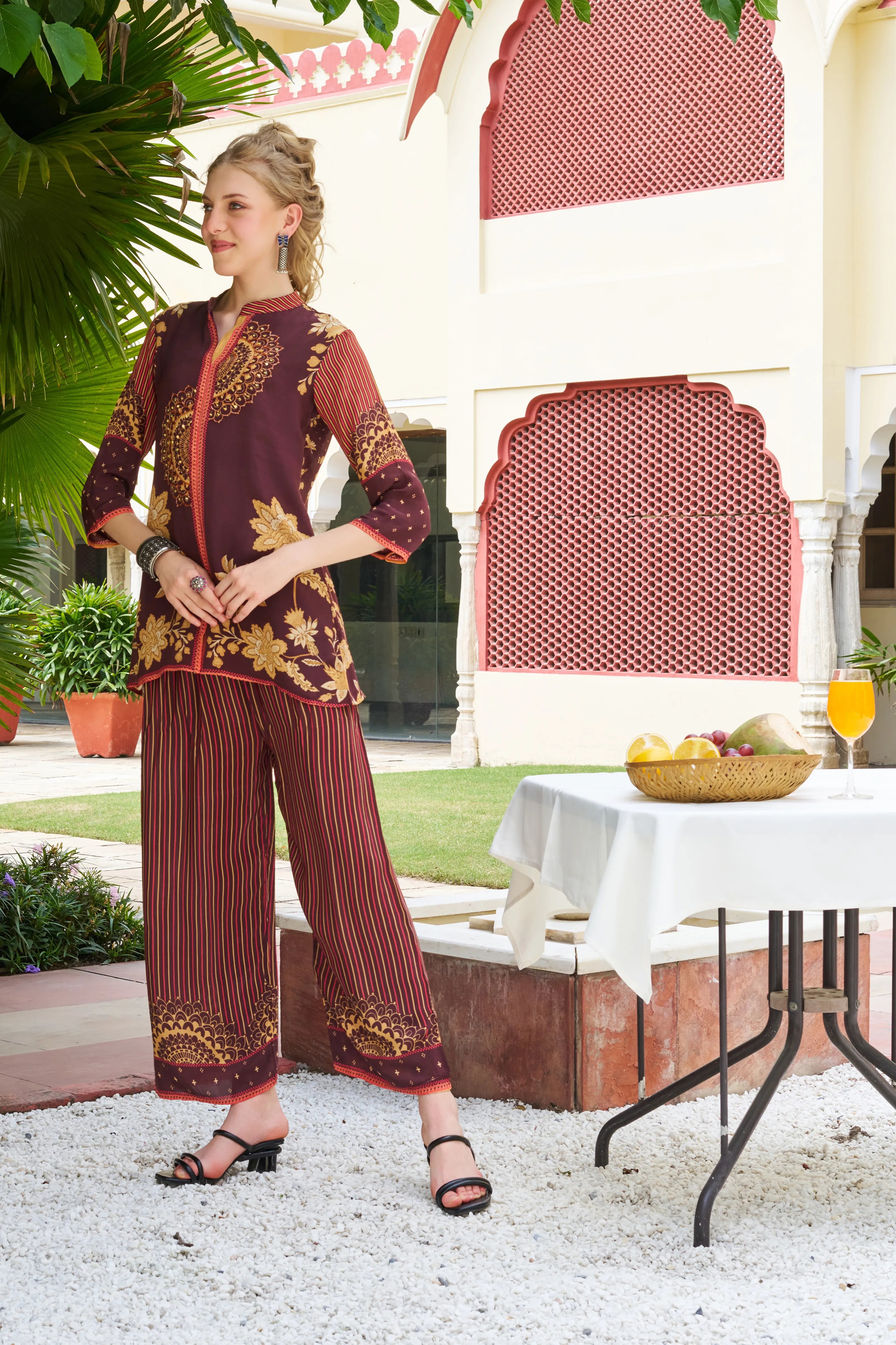 Brown Mandala & Floral Printed Crepe Co-ord Set