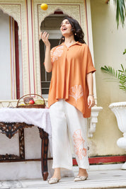 Orange Ginkgo Leaf Embroidered Co-ord Set in Cotton Slub