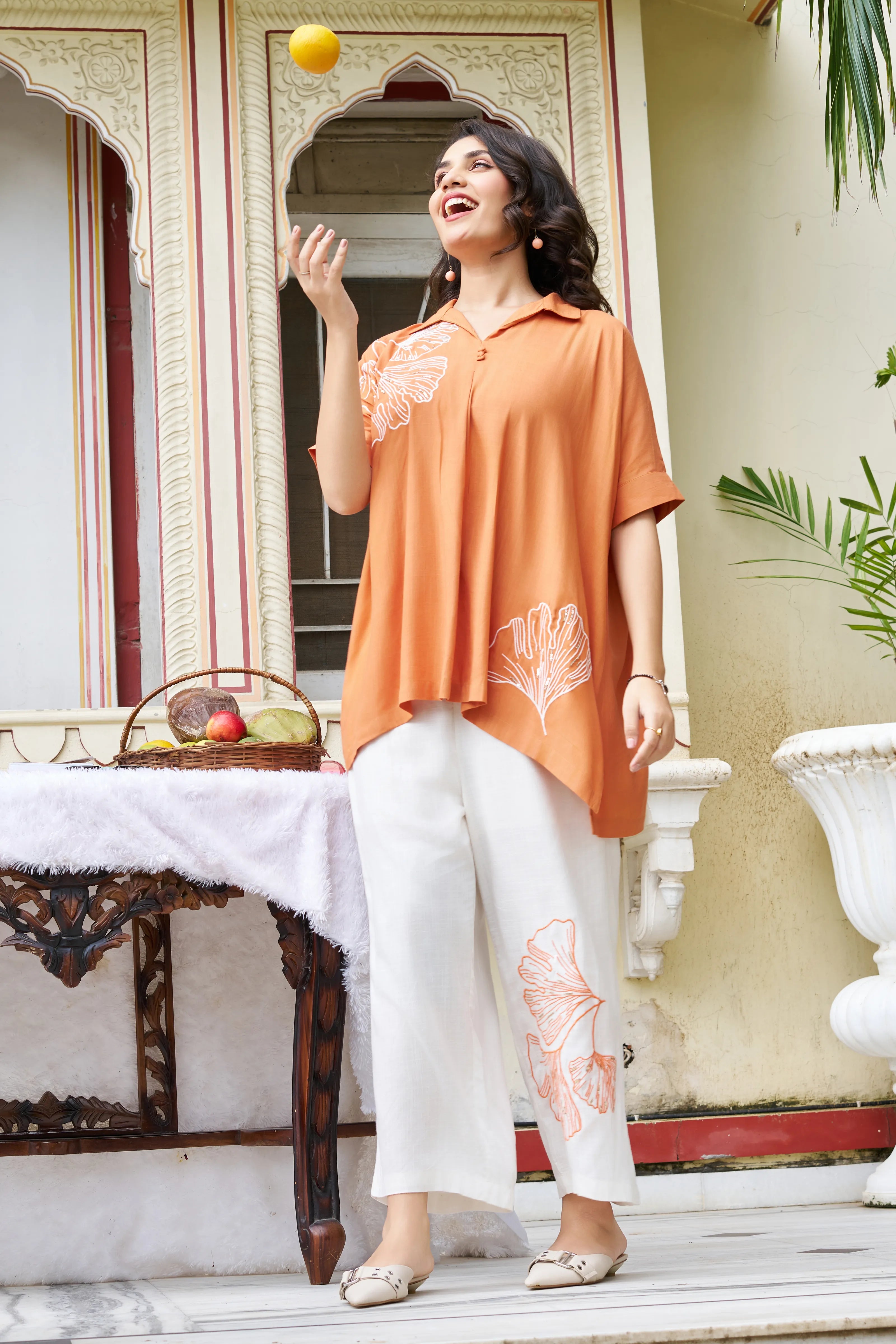 Orange Ginkgo Leaf Embroidered Co-ord Set in Cotton Slub