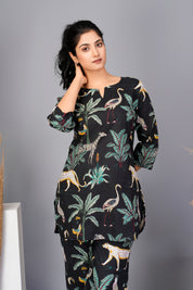 Black Floral Printed Cotton Kurta With Pant