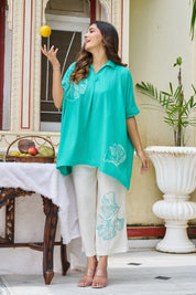 Turquoise Ginkgo Leaf Embroidered Co-ord Set in Cotton Slub