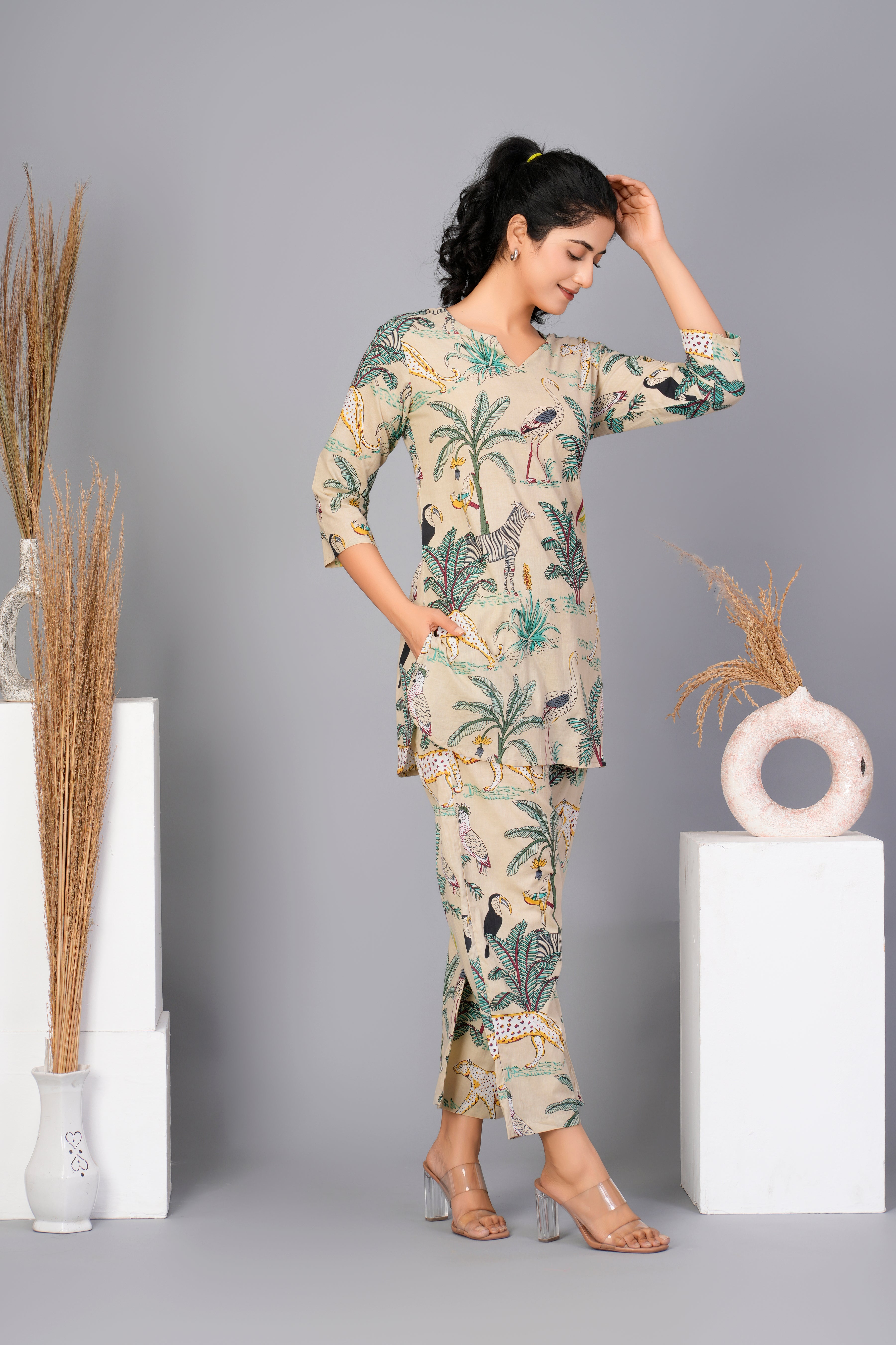 Beige Cotton Floral Printed Kurta With Pant