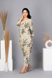 Beige Cotton Floral Printed Kurta With Pant