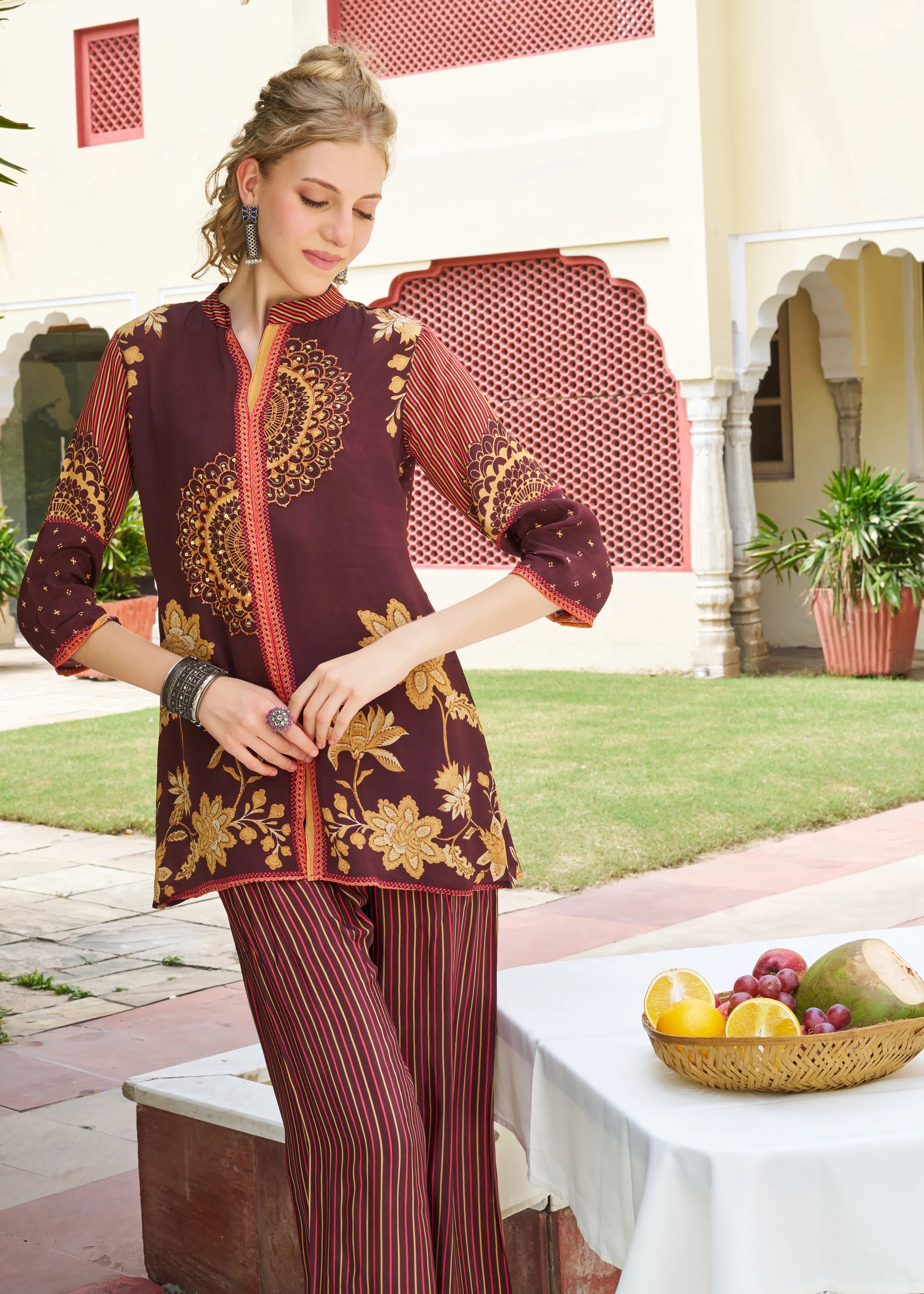 Brown Mandala & Floral Printed Crepe Co-ord Set