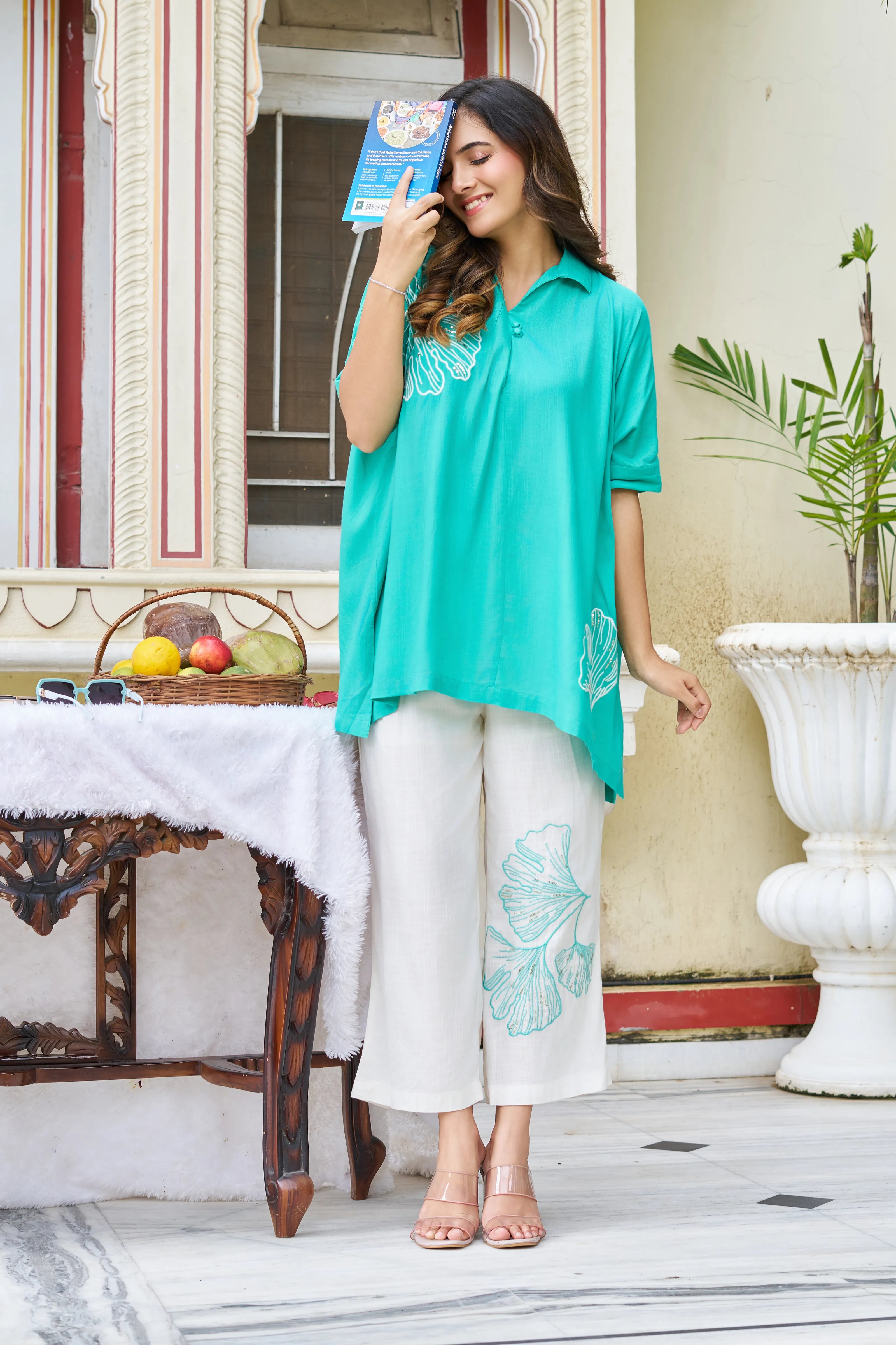 Turquoise Ginkgo Leaf Embroidered Co-ord Set in Cotton Slub